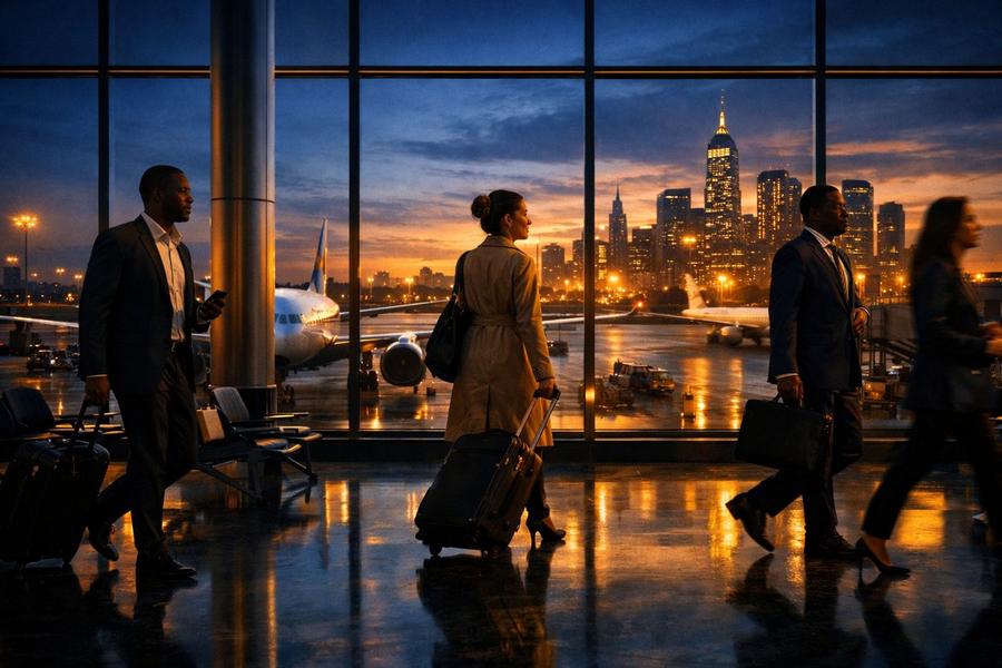 Travellers in an airport terminal at dusk